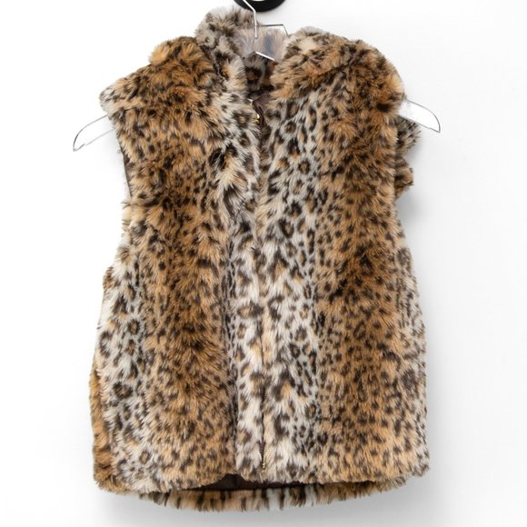 Kate Spade Faux Fur Vest Cheetah Animal Print Ear Hood Brown Size Large 12 Years